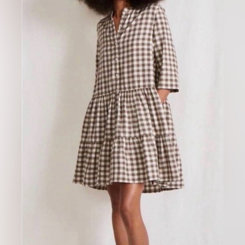 Apiece Apart Maurino Walnut Brown Gingham Drop Waist Dress XL - Picture 2 of 6